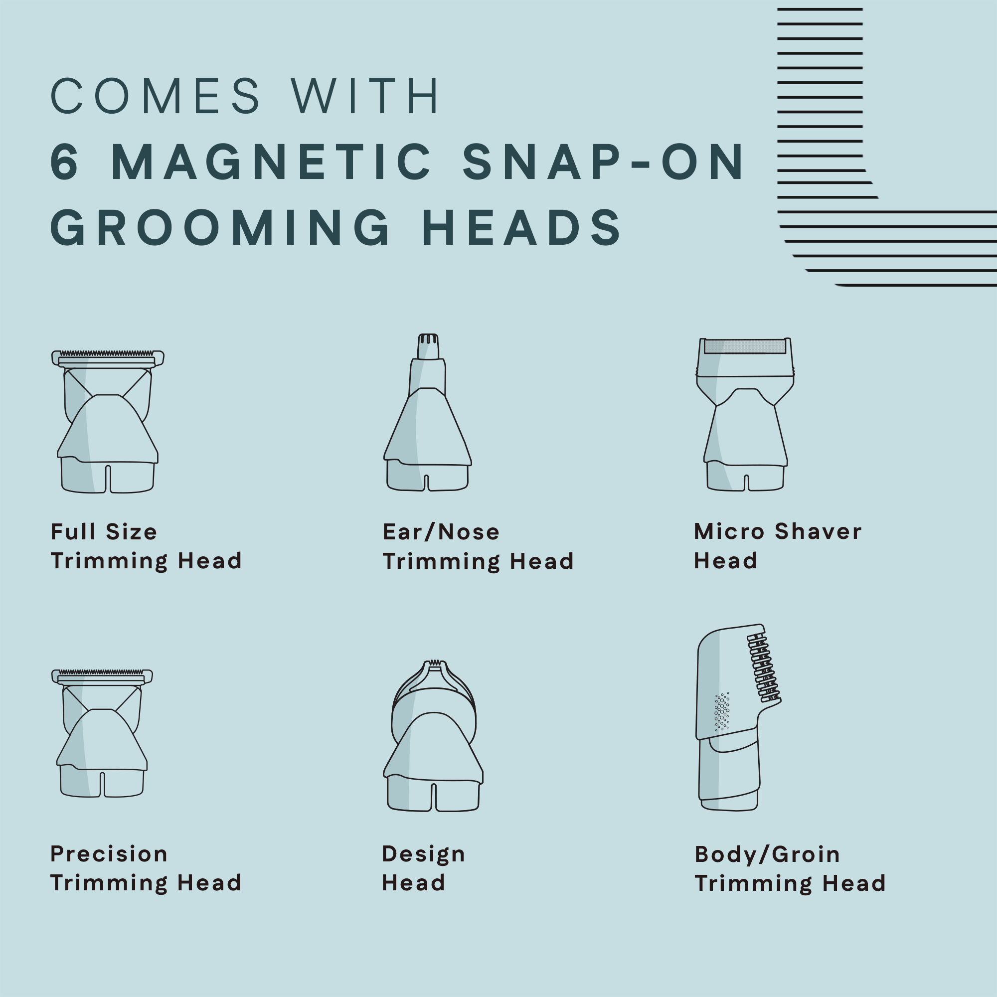 6 Magnetic Snap-On Grooming Heads 