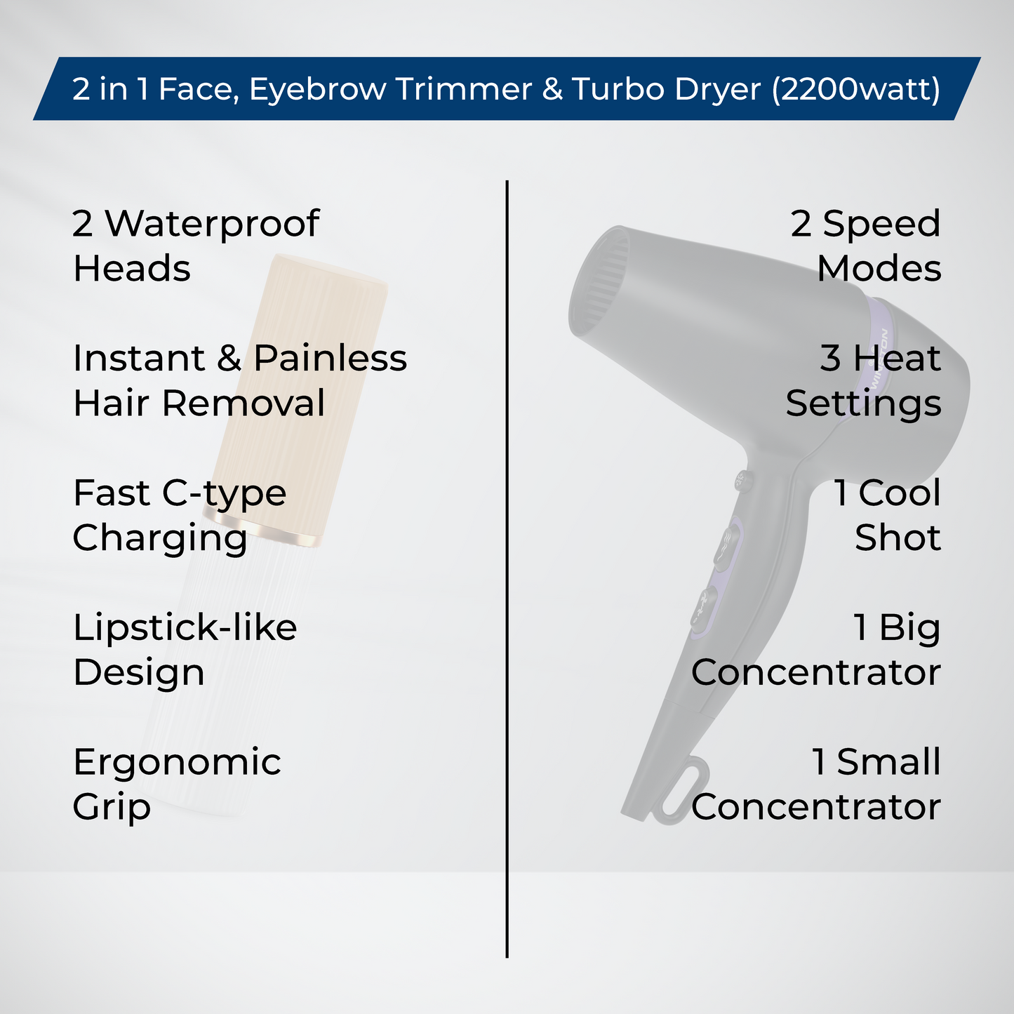 2 in 1 Face, Eyebrow Trimmer & Turbo Dryer (2200watt) Combo