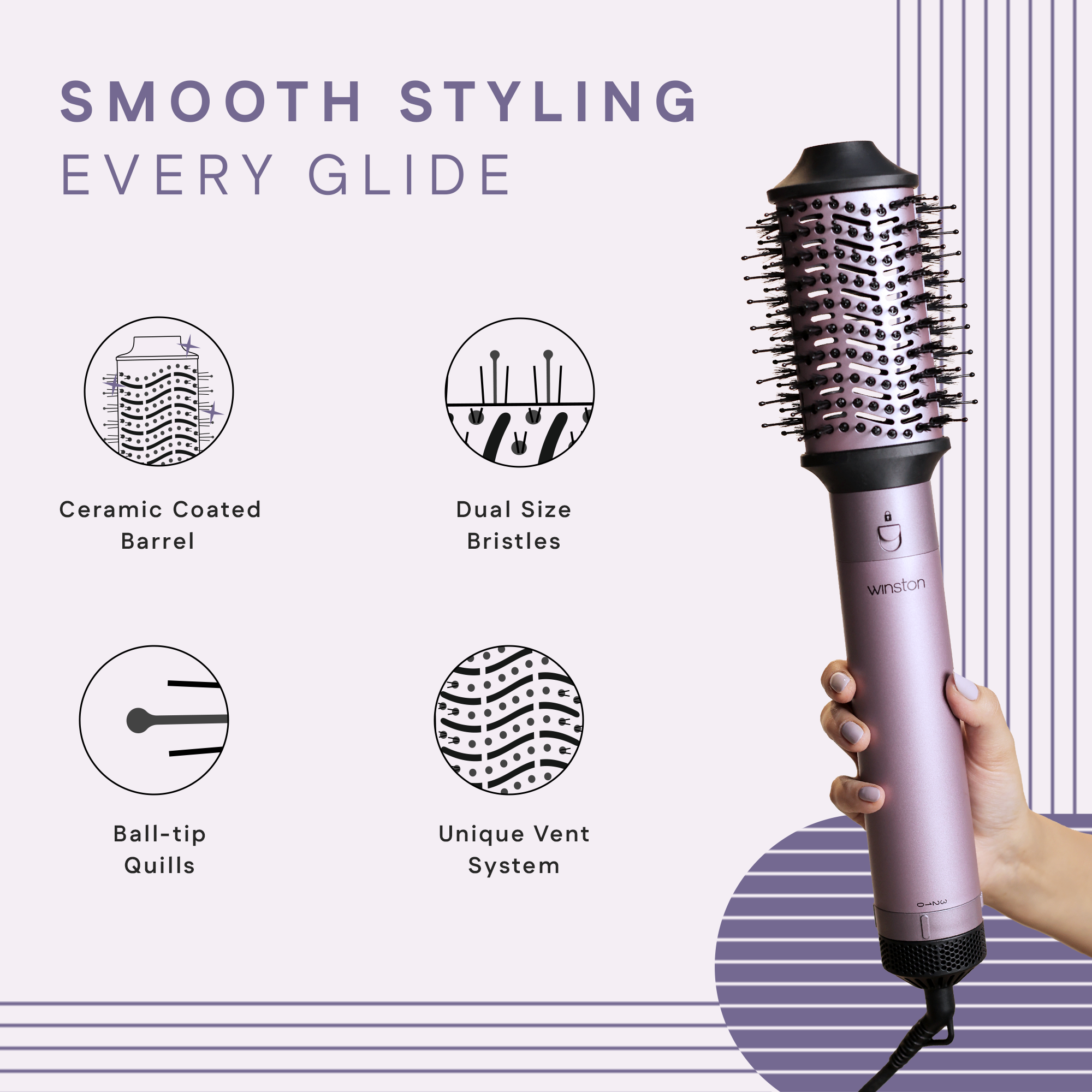 Ceramic coated styling barrel with dual-size bristles, ball tip quills and unique vent system