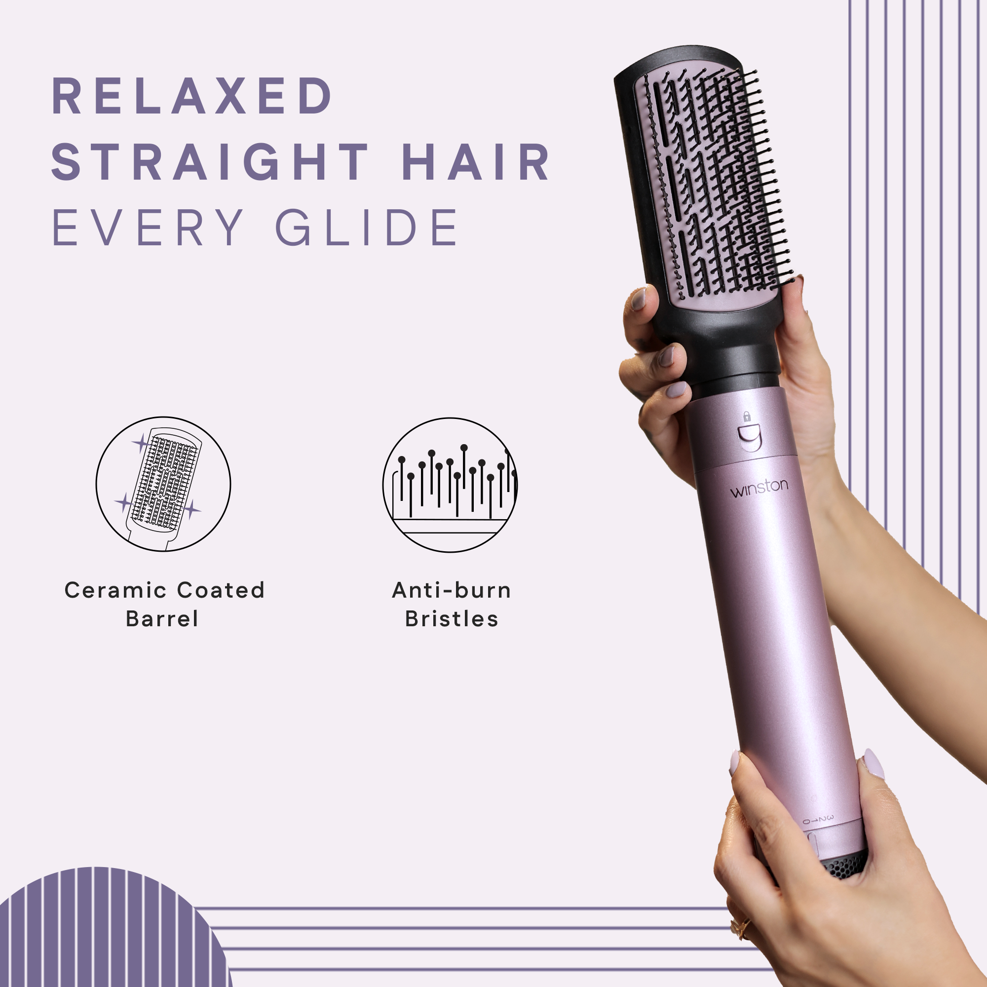 Ceramic coated straightening brush with anti-burn bristles for relaxed straight hair