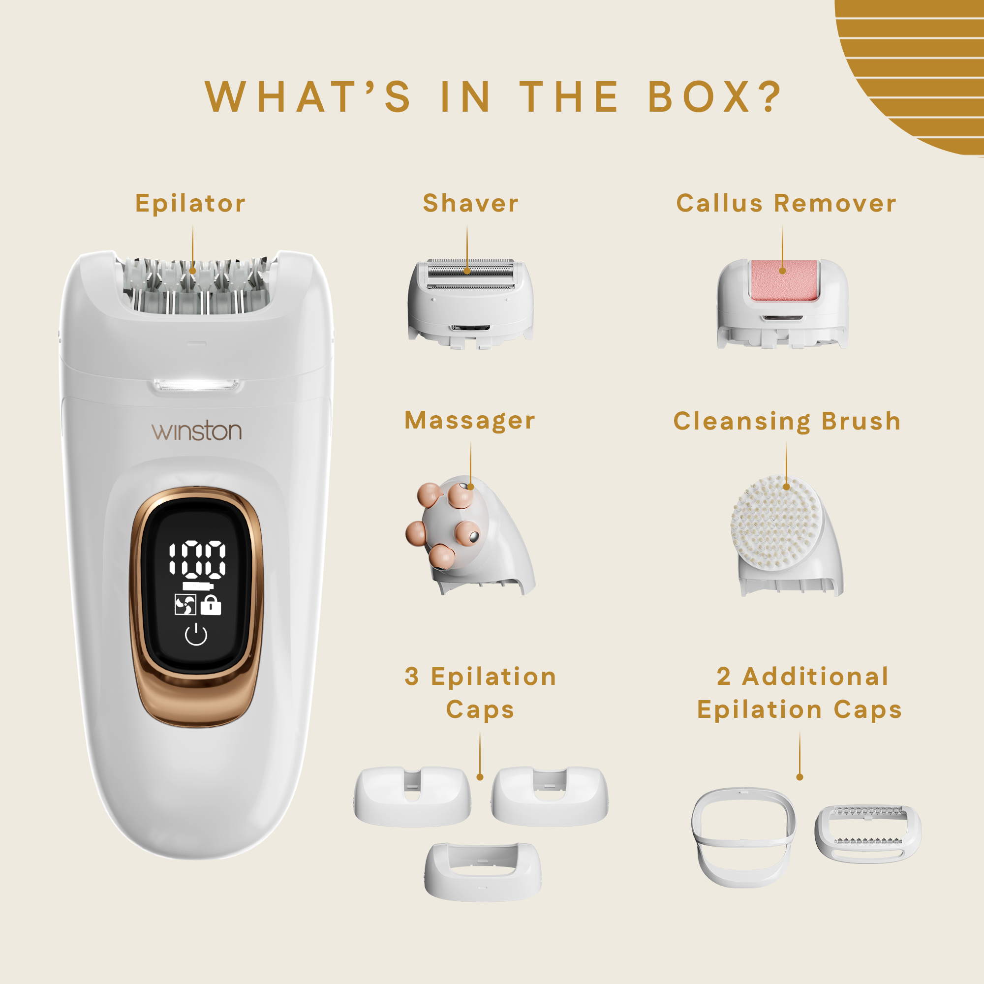 What’s in the box of 8 in 1 self care kit including epilator, shaver, attachments and charging cable