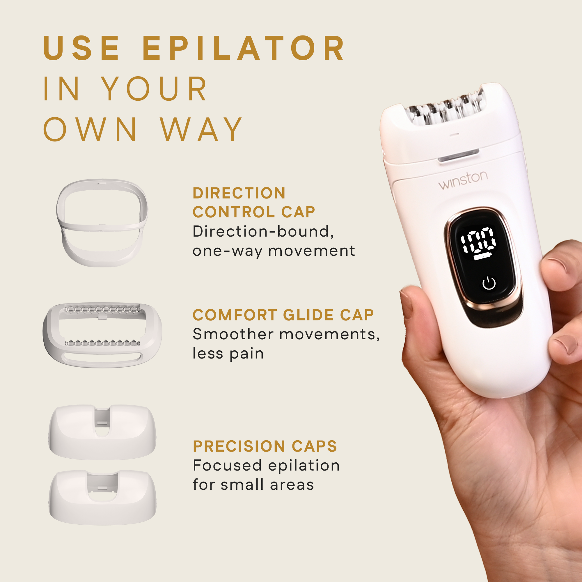 Epilator caps with direction control, comfort glide and precision for different grooming needs